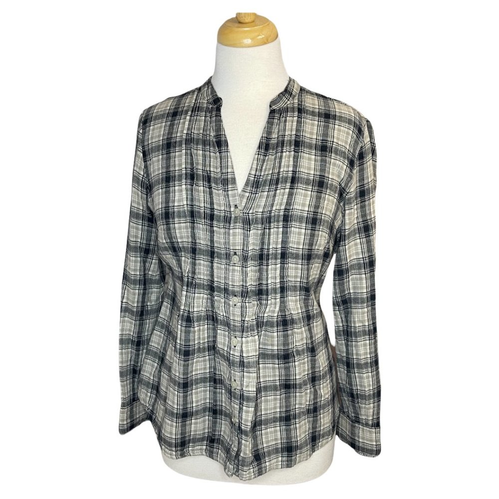 Converse Womans Plaid Shirt Smocked Fitted Top Button Up Cream Size M